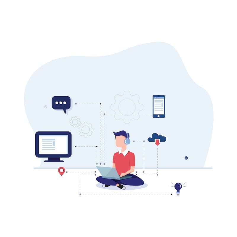 Illustration: Webentwickler am Laptop, verbunden mit Design, Technik, Inhalten und der Ansicht auf Monitor und Smartphone.