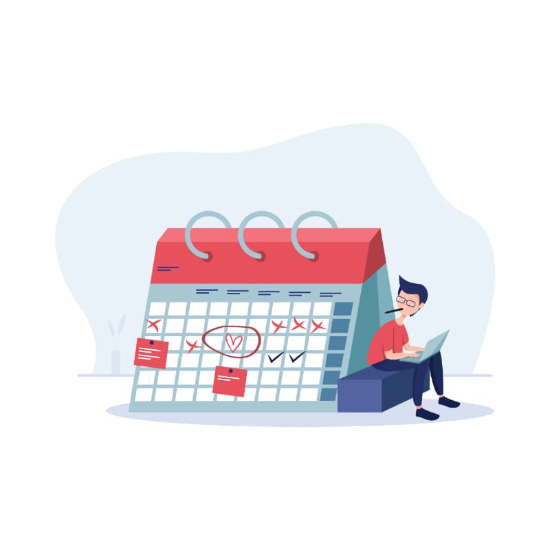 Illustration: Kalender mit abgehakten Terminen – der Veröffentlichungstermin der Webseite steht fest.