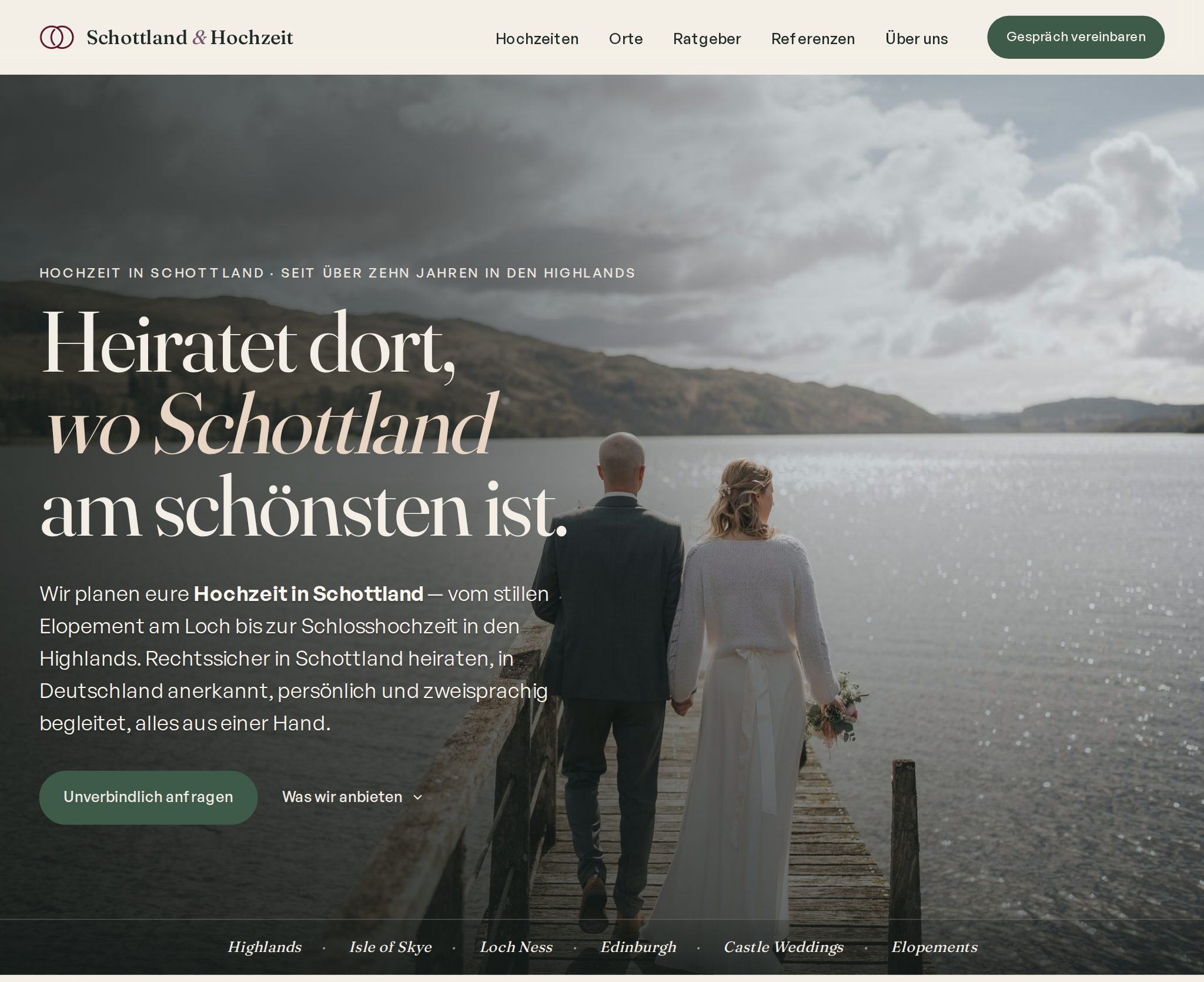 Startseite der Webseite von Schottland & Hochzeit, umgesetzt von Jan Füllemann.